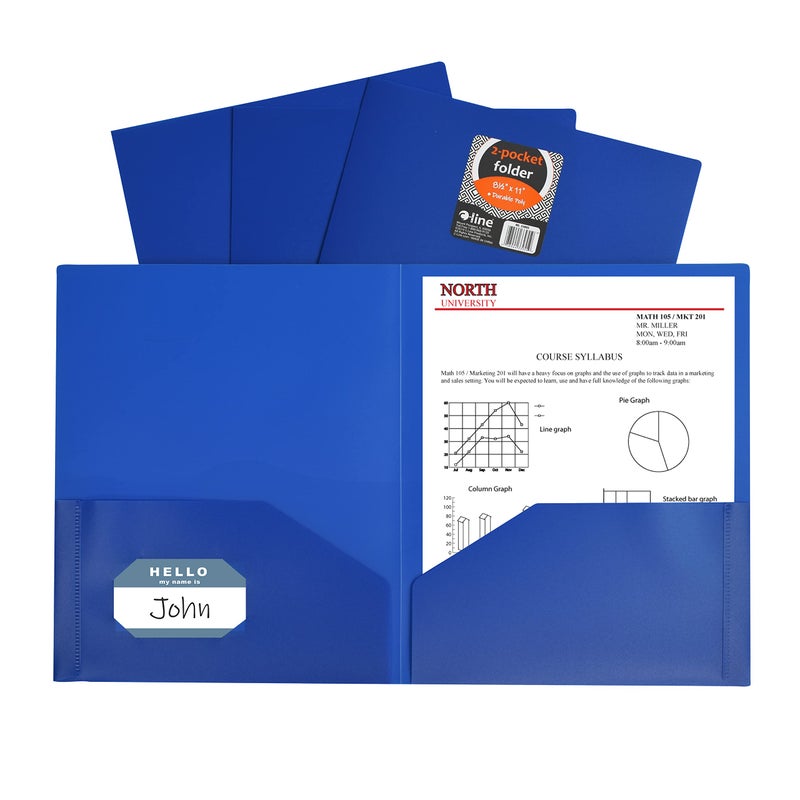 C-Line Two-Pocket Heavyweight Poly Portfolio, For Letter Size Papers, Includes Business Card Slot, 1 Case of 25 Portfolios, Blue (33955-25) - Image 1